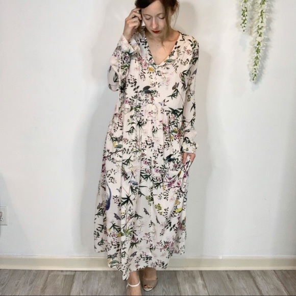 H&M | Dresses | Nwt Hm Floral Maxi Dress Vneck Long Sleeves 757 | Poshmark